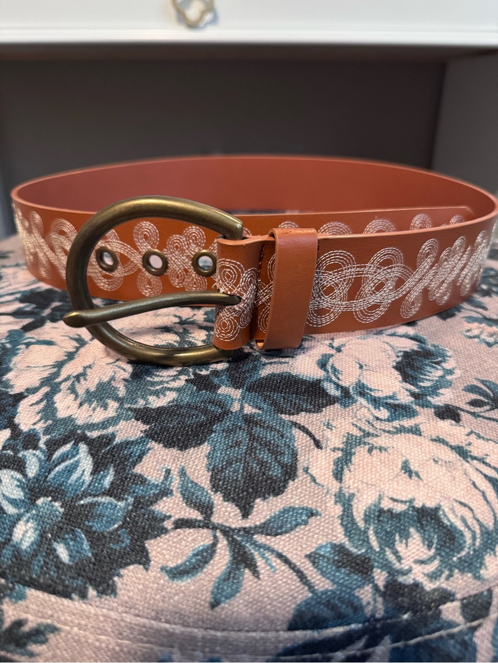 Embroidered Tan Leather Belt with Brass Oval Buckle